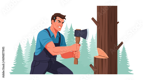 Lumberjack at Work: A determined lumberjack in overalls and a determined expression raises an ax to chop through a sturdy tree trunk amidst a serene forest setting.