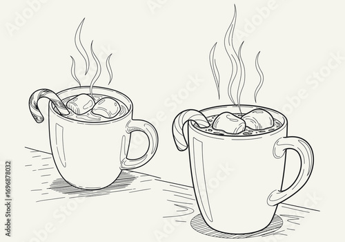 Two mugs of hot chocolate with marshmallows and candy canes, a cozy winter illustration