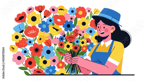 Floral Florist at Work: A vibrant illustration captures a cheerful florist amidst a colorful array of blooms. The florist, with a hat, expertly arranges a beautiful bouquet.