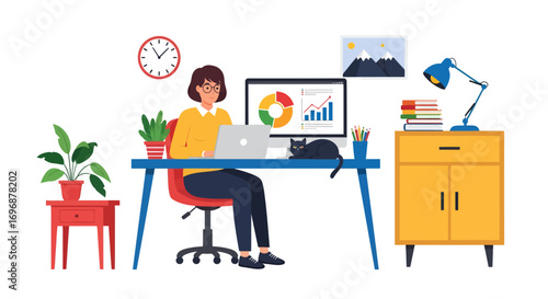 Woman working on laptop with black cat lying on the blue desk.