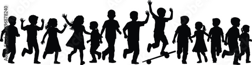 Silhouette children playing together in outdoor activities, running, jumping, skateboarding, waving, and interacting, joyful childhood friendship and active lifestyle concept illustration