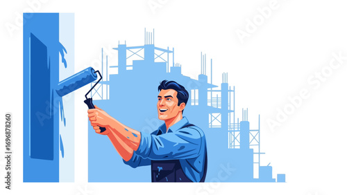 The Art of Construction: A painter applies a vibrant coat of blue paint to a wall, symbolizing progress and innovation in the context of construction with a subtle suggestion of new beginnings.