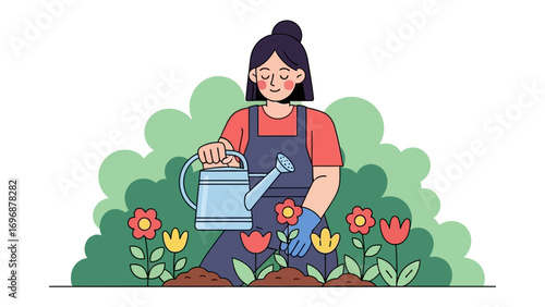 Nurturing Bloom: A cheerful figure diligently tends to vibrant blossoms in a sunny garden, embodying the serenity and joy of nurturing life.