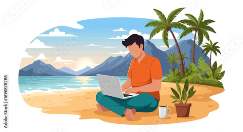 Beachfront Digital Nomad Man Working on Laptop Amidst Tropical Paradise.