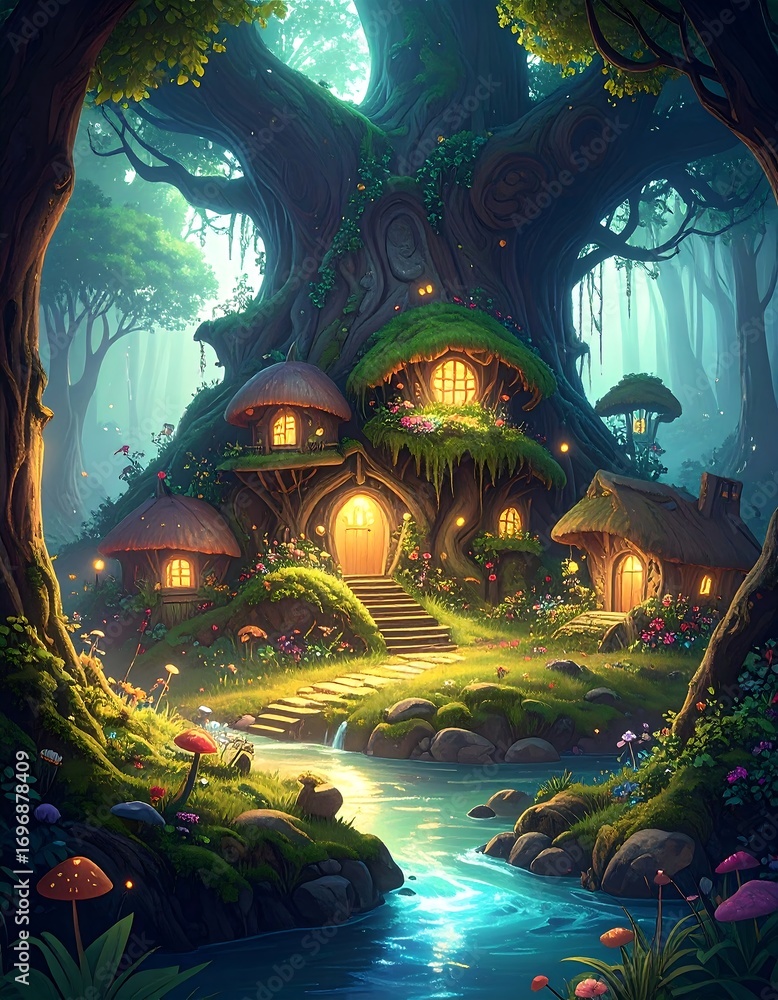 Obraz premium Fairy tale homes nestled in a mystical forest