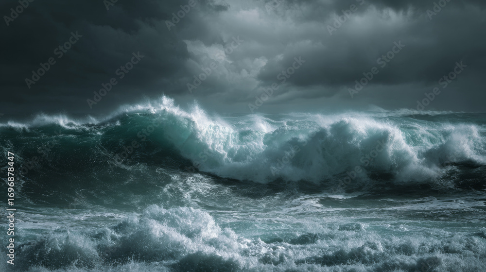 Fototapeta premium Stormy sea with dark clouds and massive waves crashing along the coast