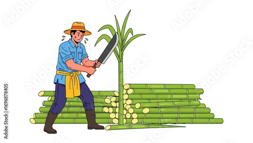 Harvesting Sugar Cane: A skilled worker diligently harvests sugarcane, a staple in agriculture, against the backdrop of a sunlit field. The image portrays the essence of hard work and cultivation.