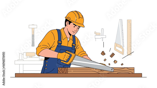 Carpentry Craftsmanship: A skilled carpenter meticulously saws a wooden plank, showcasing precision and expertise in a detailed illustration of traditional woodworking practices.