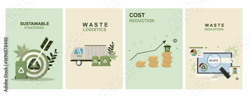 Waste Management Business Strategy poster set. Business waste management poster collection. Zero waste and recycling concept. Flat style. Vector illustration