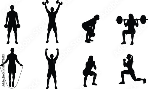 ilhouette fitness exercise poses with dumbbells, kettlebell, barbell, jump rope, squats, lunges, and strength training activities on white background vector illustration