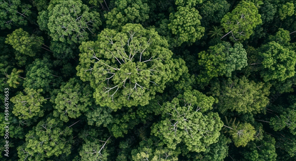 Naklejka premium Aerial view of lush green forest canopy.