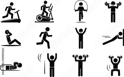 Black stick figure fitness icons set showing treadmill, elliptical, jump rope, weightlifting, running, stretching, push‑ups, leg raises, and squats exercises