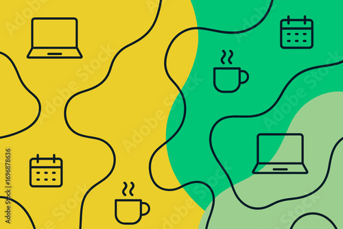 Work from home concept with laptops, coffee cups, and calendars on colorful abstract background