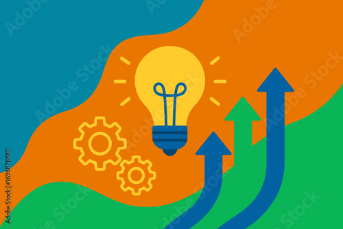 Creative business growth concept with lightbulb, gears, and upward arrows on colorful abstract background