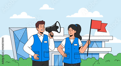 Cheerful duo with megaphone and flag in front of modern building.