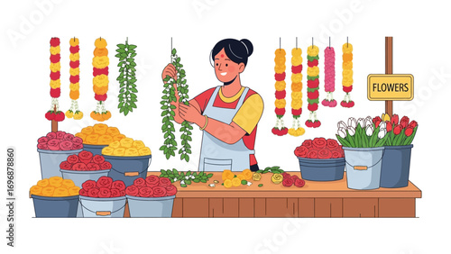 Flower Shop owner: A diligent flower shop owner meticulously arranges a vibrant display of fresh blooms. The image captures the artistry and dedication of a florist crafting beauty with every touch.