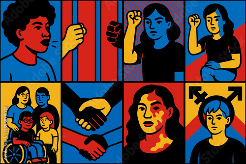 Diversity, equality, and social justice concept with inclusive characters and protest symbolism in bold graphic style