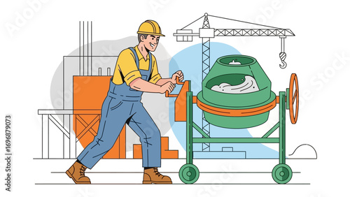 Construction Worker with Concrete Mixer: A construction worker skillfully operates a concrete mixer, bringing the construction project to life. With a background of the construction site and elements.
