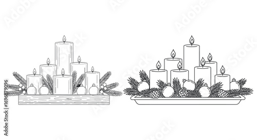 Christmas candle arrangements and evergreen branches on a festive wooden tray
