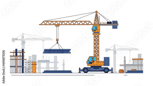 Construction Zone: Illustrated depiction of a busy construction site with towering cranes, showcasing the intricate work of building structures.