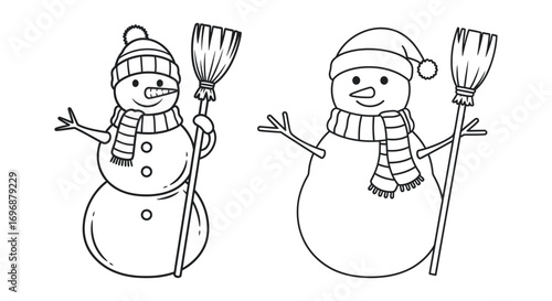 Two cheerful snowmen with winter hats and scarves holding brooms in a simple line drawing illustration