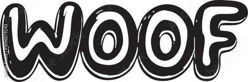 Abstract Black and White Woof Lettering with Swirls and a Stylized 3D Bubble Font

