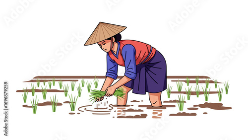 Farmer in Rice Field: Depicting a farmer planting rice seedlings in a traditional style, highlighting the beauty and simplicity of agricultural life.