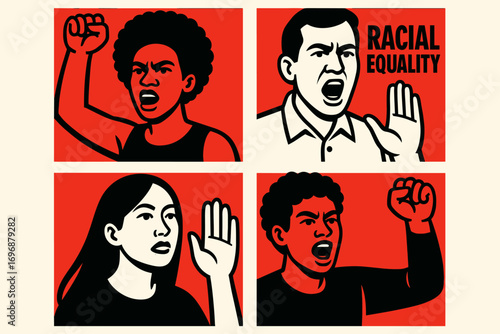 Racial equality and civil rights protest concept with diverse people raising fists and speaking out in bold graphic style