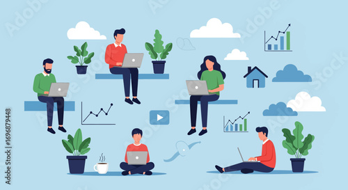 Diverse group of people working remotely with laptops and financial charts.