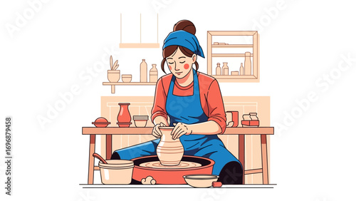 Potter at Work: A skilled potter molds clay on a spinning wheel in a sunlit workshop, crafting ceramic creations with meticulous care.