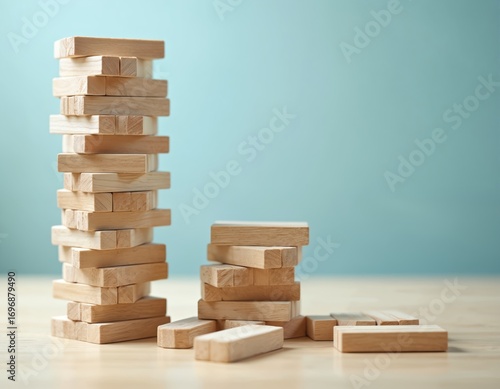 Wallpaper Mural Towering wooden blocks symbolize stability versus crumbling blocks representing instability. One structure grows tall, another diminishes as pieces fall, showing construction, disarray, and imbalance. Torontodigital.ca