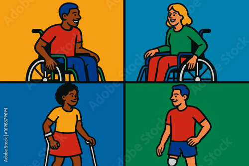 Diversity and disability inclusion concept with people using wheelchairs, crutches, and prosthetics in bold colorful style