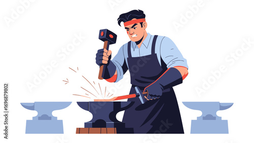 The Smith's Craft: A blacksmith in action, meticulously shaping hot metal on an anvil with a focused intensity, representing the art of craftsmanship.