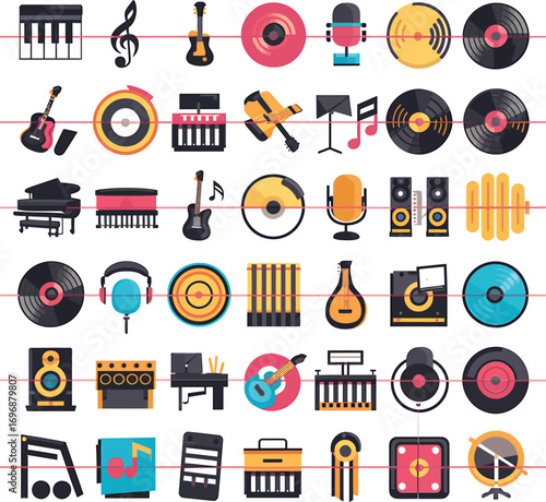 A collection of flat vector music icons, a set of social media and internet technology symbols for web design