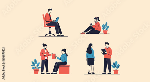 Diverse professionals in various work scenarios flat vector illustration.