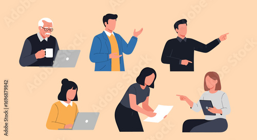 Diverse professionals in various work scenarios using technology and communication.