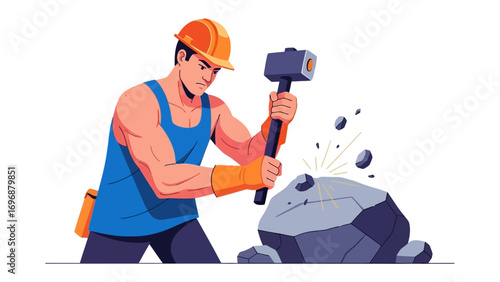Craftsman Hard at Work: A strong construction worker focuses with determined expression, using a sledgehammer to shape a rock, embodying the essence of labor, construction, and the human spirit.