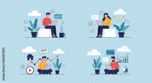 Diverse Professionals Working Remotely with Laptops and Data Visualizations.