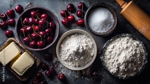 Baking Ingredients for Cherry Pie with Rolling Pin and Butter.