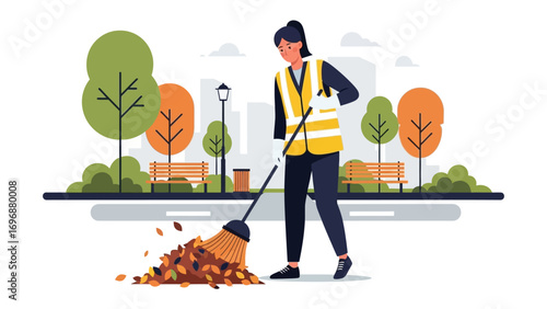 Urban Park Cleaning: An illustration capturing a street cleaner focused on tidying up a park, showcasing dedication to environmental care and meticulous maintenance. 