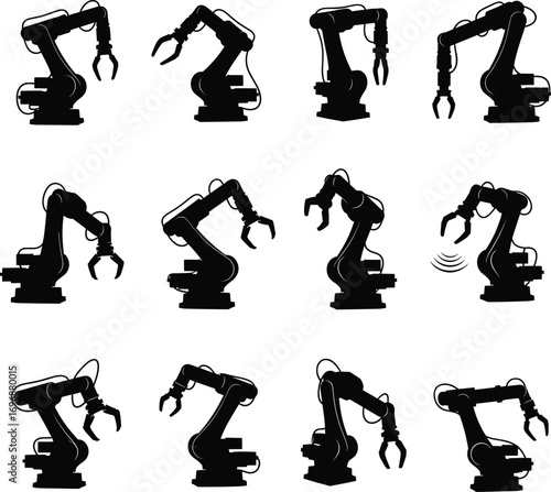 Silhouettes of industrial robotic arms, automated machinery, mechanical arms, technology innovation, factory automation, robotic grippers, manufacturing process, modern industry tools.