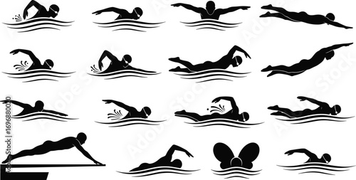 Black silhouette swimmers performing freestyle, butterfly, backstroke, breaststroke, diving and gliding techniques in competitive swimming vector illustration set
