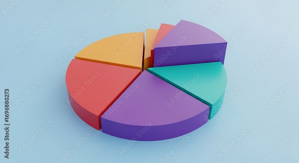 Fototapeta premium Colorful pie chart divided into segments on a light blue background