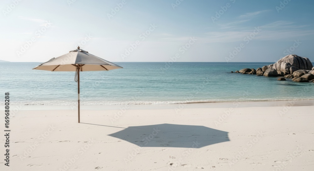 Fototapeta premium Serene Tropical Beach Umbrella Casting Shadow on White Sand