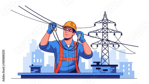 Power Line Maintenance: An illustrated image of a worker focused on their task, maintaining high-voltage power lines with precision.