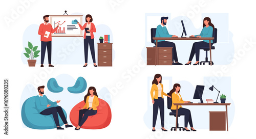 Four Office Scenes Depicting Collaboration Presentation and Individual Work.