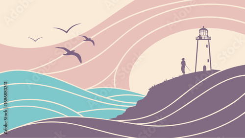 Lighthouse on cliff with ocean and birds waves