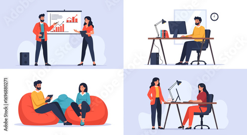 Four scenes of professionals working in diverse office settings with modern design.