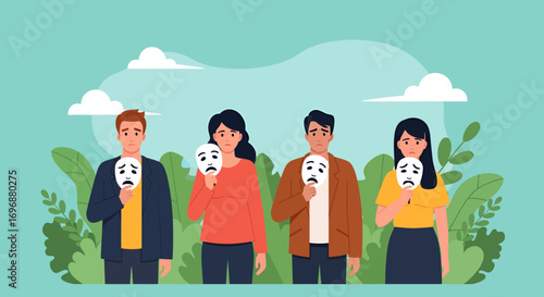 Four individuals holding sad masks revealing underlying sadness and emotional distress.