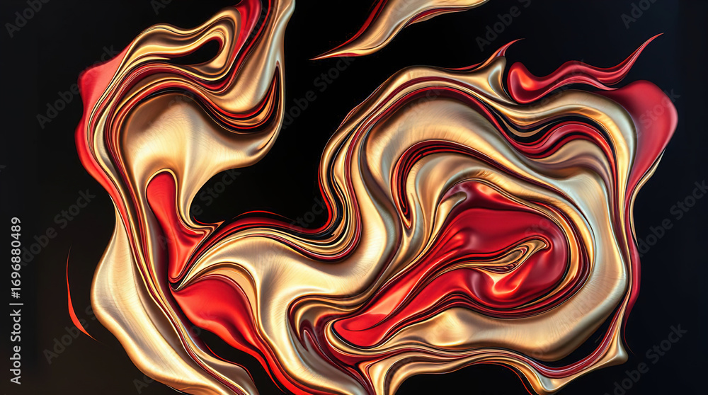 Obraz premium An abstract composition of polished elements arranged in a dynamic pattern. Glass or liquid metal, bright silver-gold and red colors, smoothly flowing into each other.